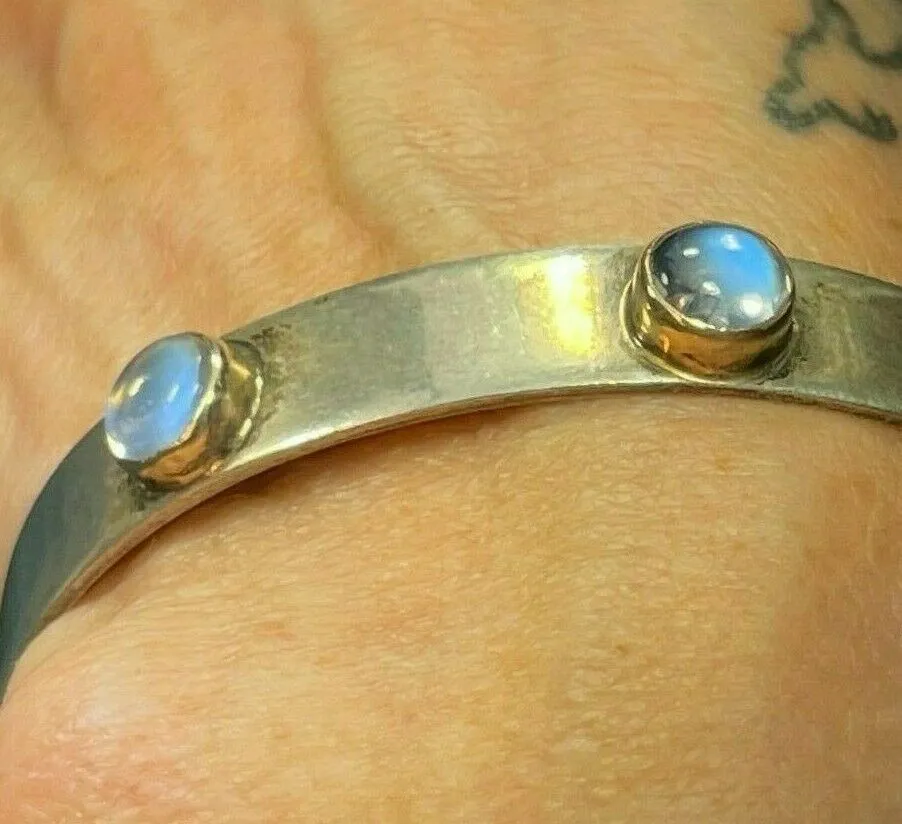 14k Yellow Gold & 925 Rainbow "Blue Glow" MOONSTONE Bangle Bracelet