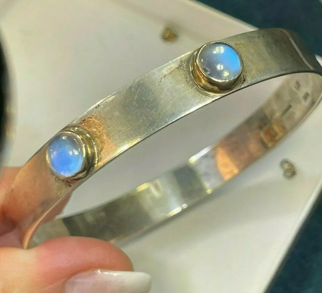 14k Yellow Gold & 925 Rainbow "Blue Glow" MOONSTONE Bangle Bracelet