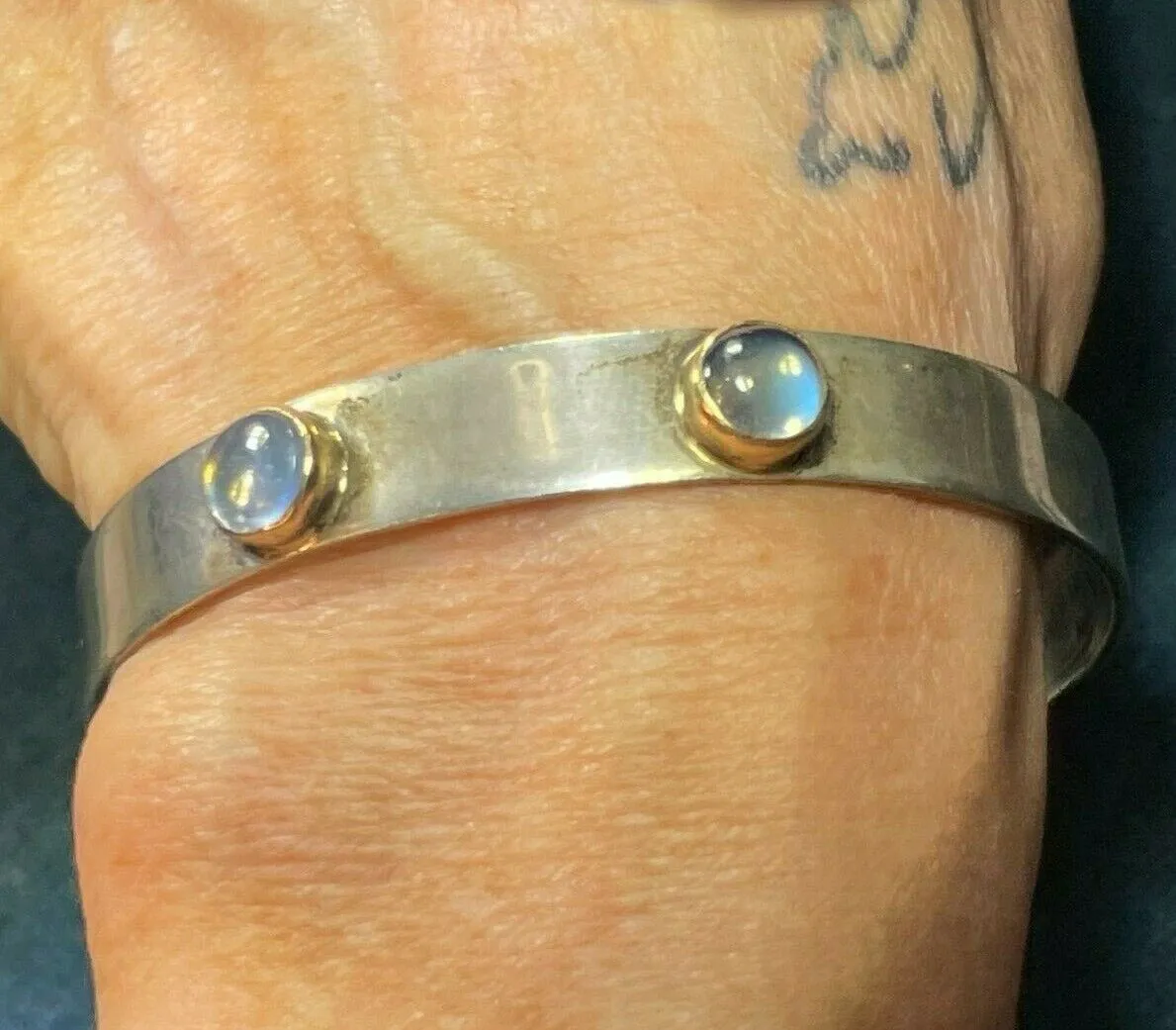 14k Yellow Gold & 925 Rainbow "Blue Glow" MOONSTONE Bangle Bracelet