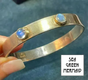 14k Yellow Gold & 925 Rainbow "Blue Glow" MOONSTONE Bangle Bracelet