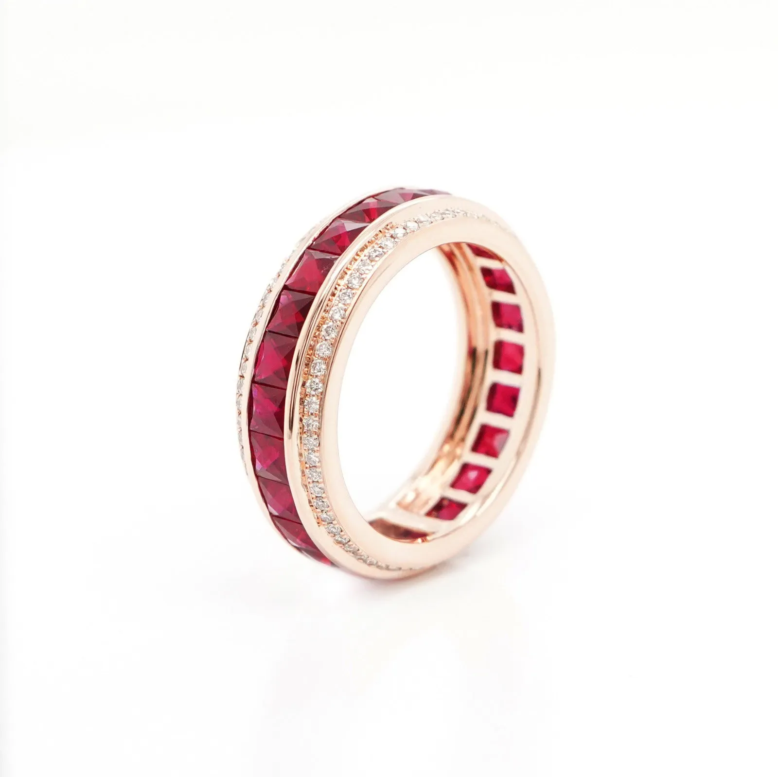 3.27 cts French Cut Ruby with White Diamond Pavé Eternity Ring