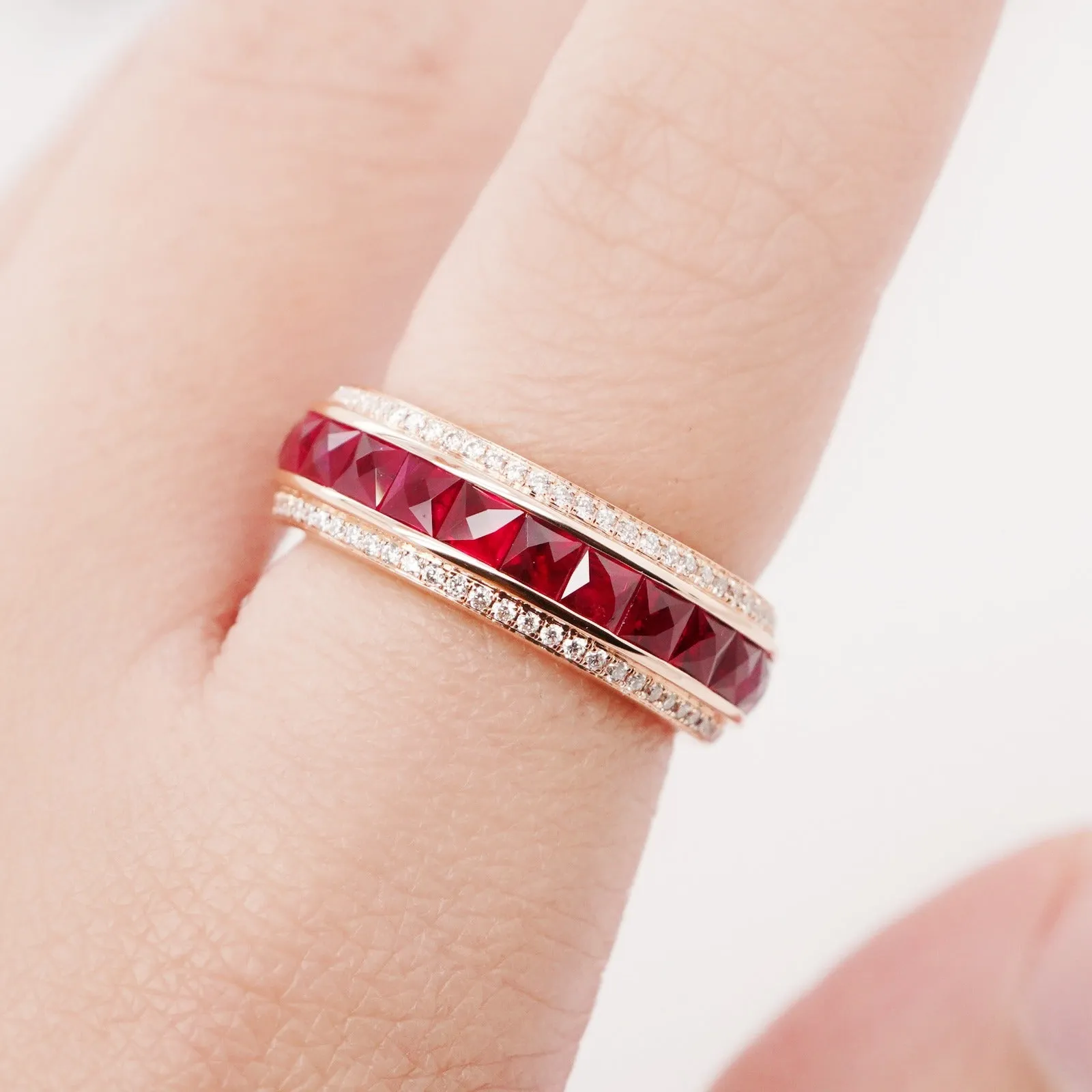 3.27 cts French Cut Ruby with White Diamond Pavé Eternity Ring