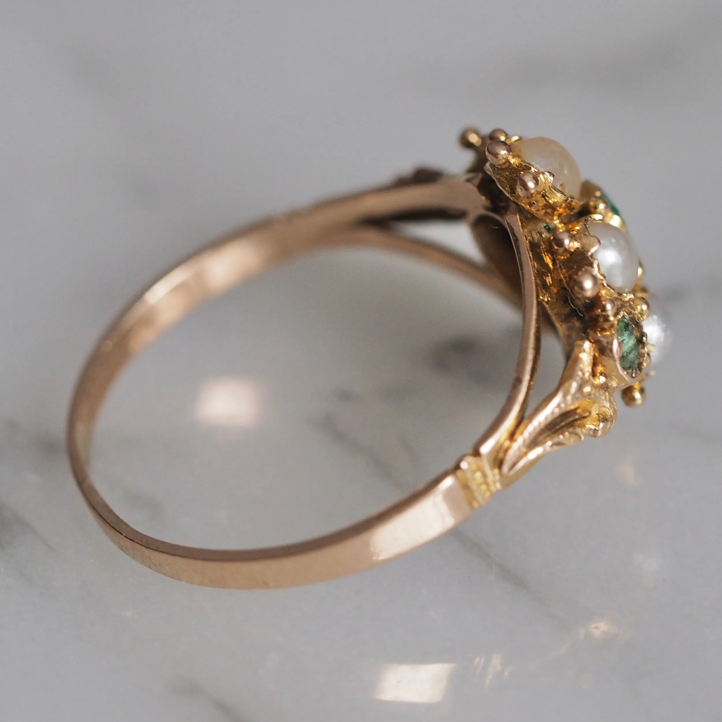 Antique Georgian c. 1820-1830 15k Gold Emerald and Natural Pearl Ring
