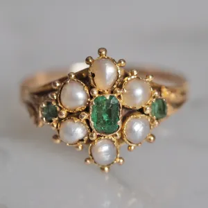 Antique Georgian c. 1820-1830 15k Gold Emerald and Natural Pearl Ring