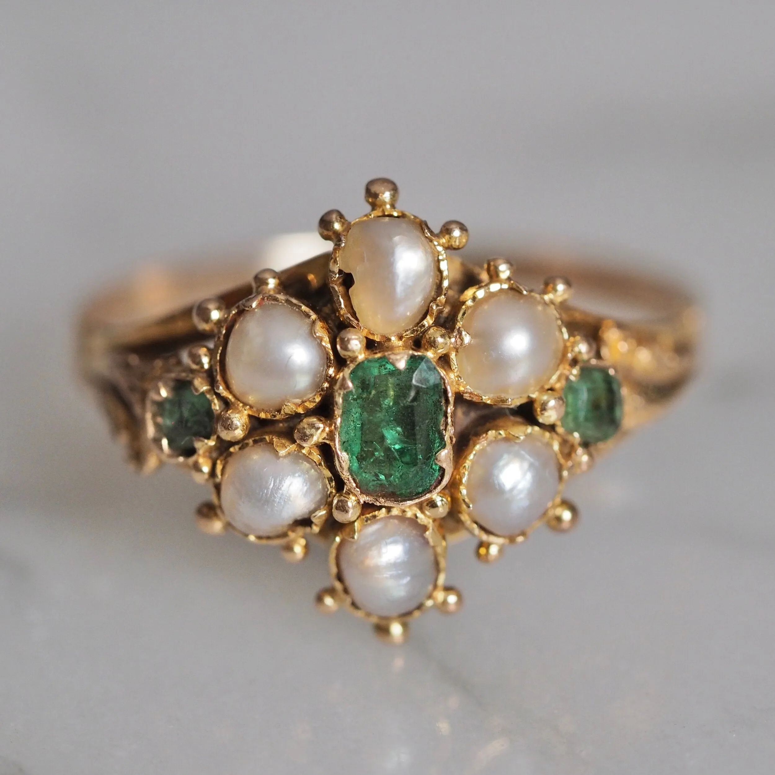 Antique Georgian c. 1820-1830 15k Gold Emerald and Natural Pearl Ring