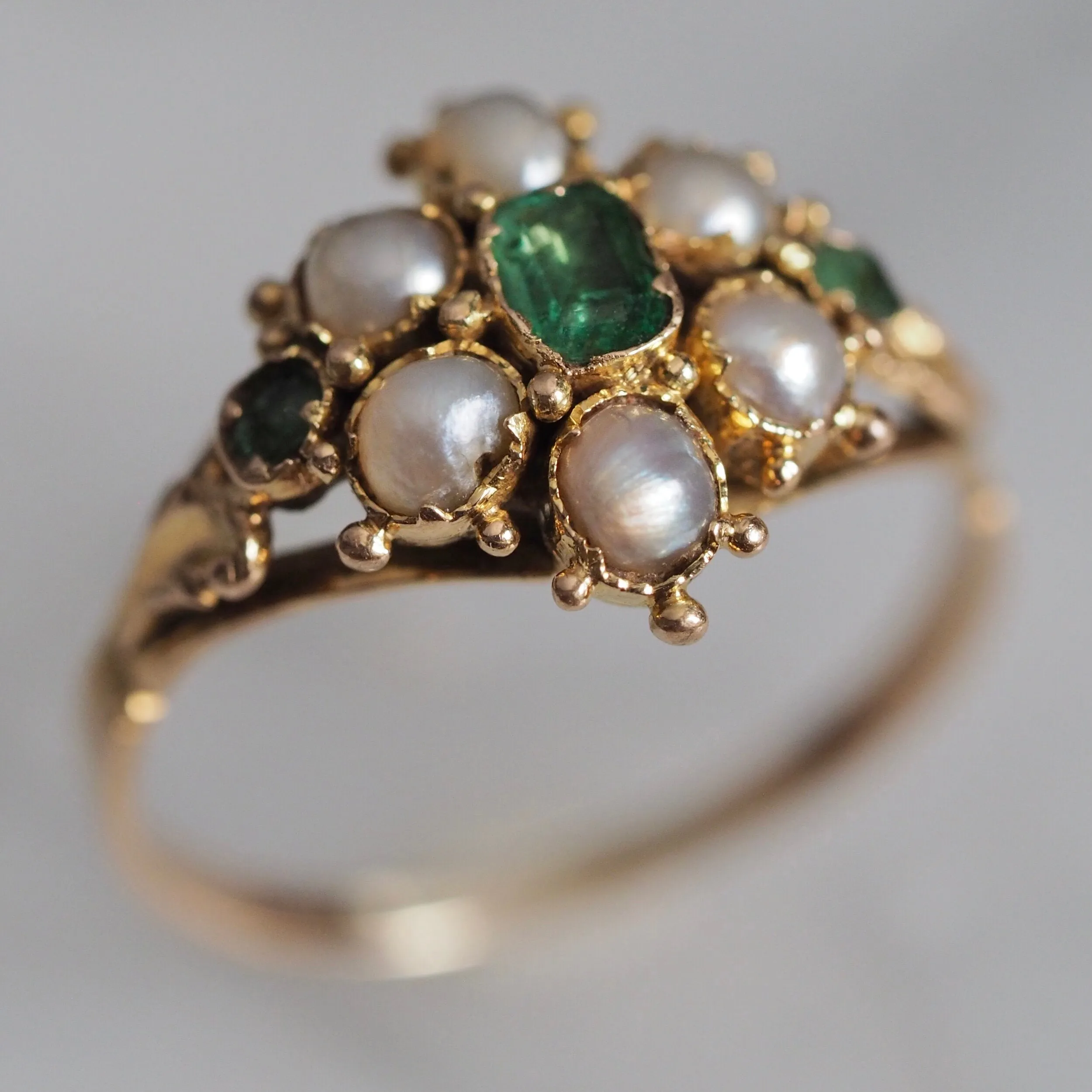 Antique Georgian c. 1820-1830 15k Gold Emerald and Natural Pearl Ring