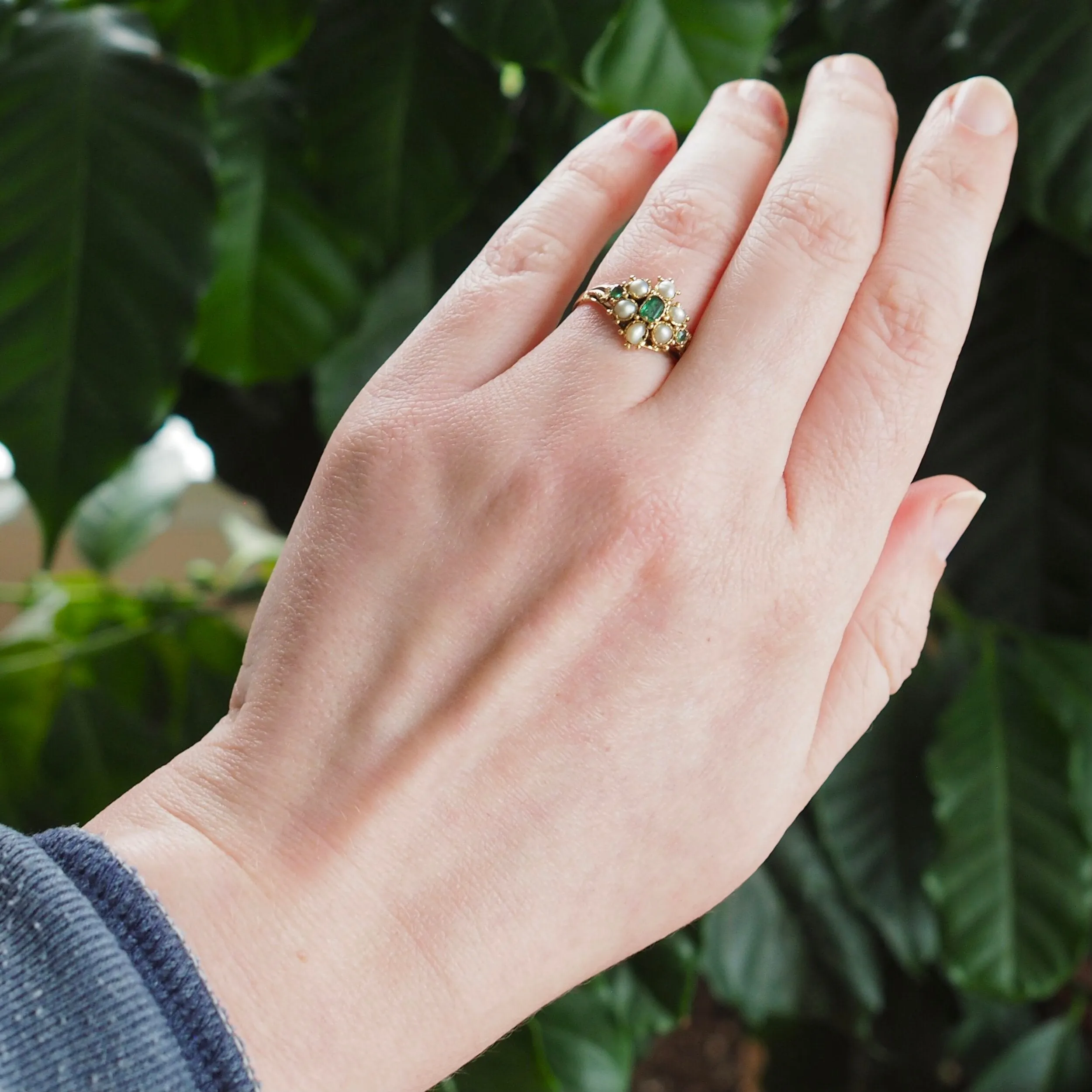 Antique Georgian c. 1820-1830 15k Gold Emerald and Natural Pearl Ring