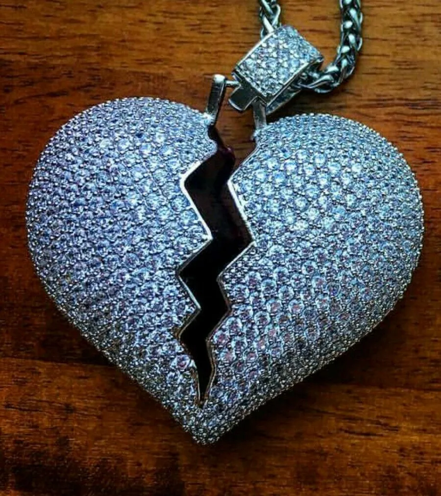 Broken Heart Pendant 2 inch HipHop Style Diamond Studded Solid Sterling Silver