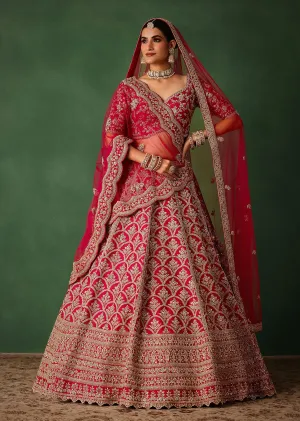 Cherry Red Raw Silk Hand Embroidered Lehenga Set With Net Dupatta