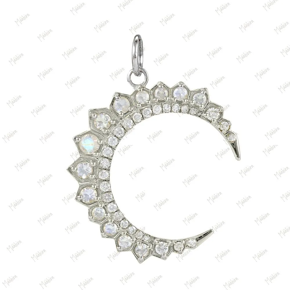 Diamond & Rainbow Moonstone Moon Pendant 25x27mm