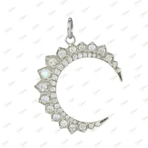 Diamond & Rainbow Moonstone Moon Pendant 25x27mm
