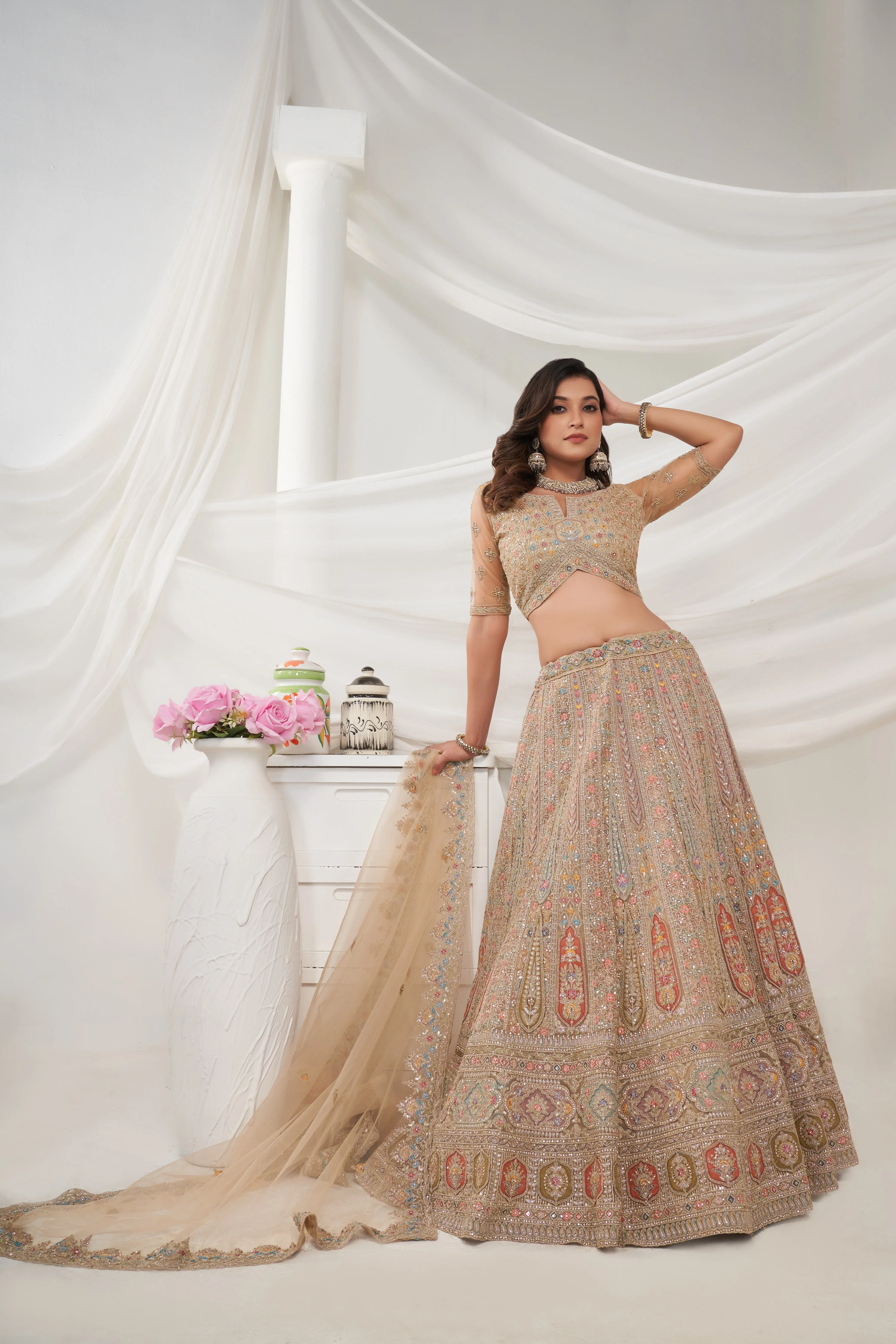 Elegant Golden Paisley Floral Lehenga Ensemble