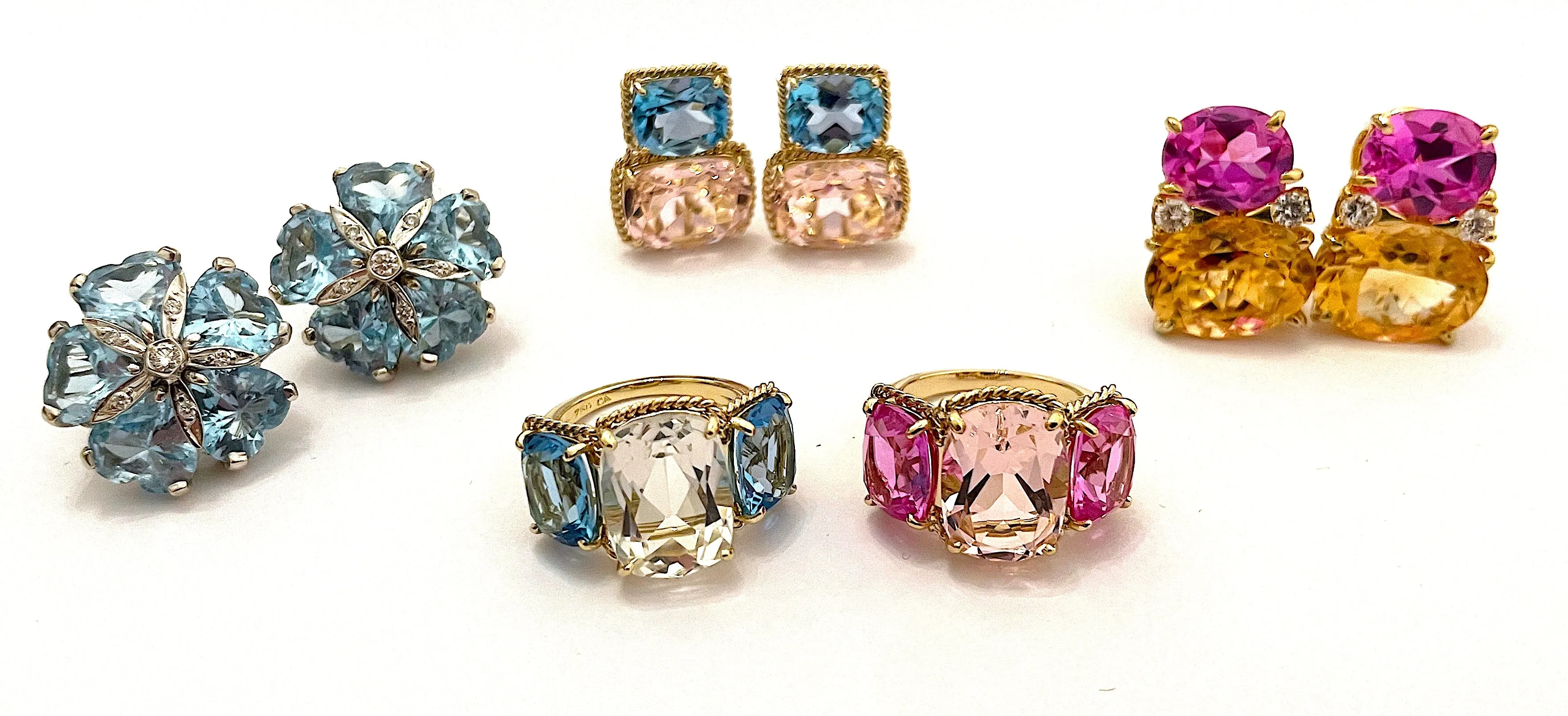Elegant Three-Stone Ring with Gold Rope Twist Border
