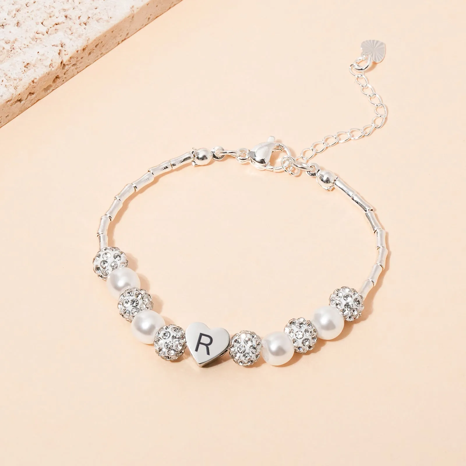 Girls Custom Initial Crystal Pearl Bracelet