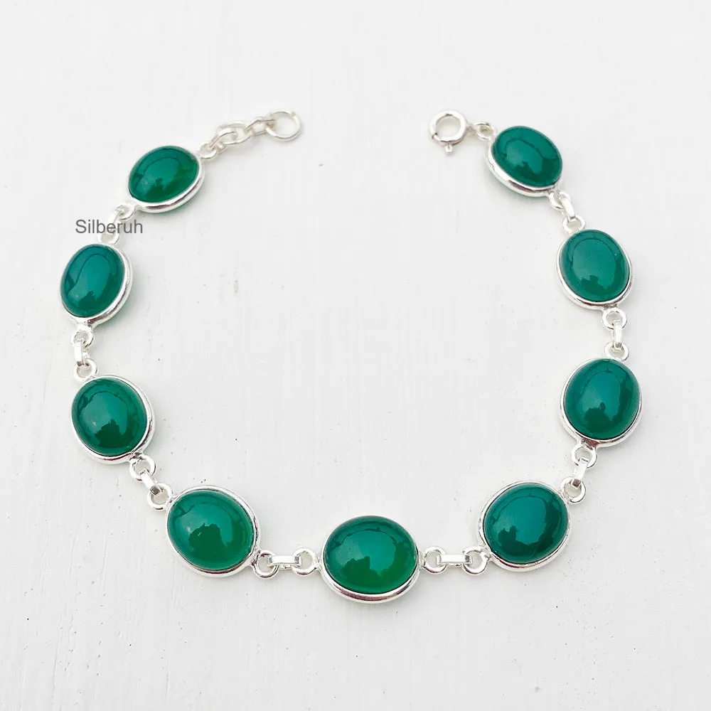 Green Onyx Oval Silver Bracelet