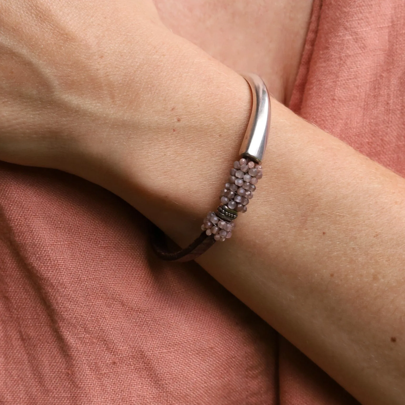 Hand Stitched Small Chocolate Moonstone Bracelet