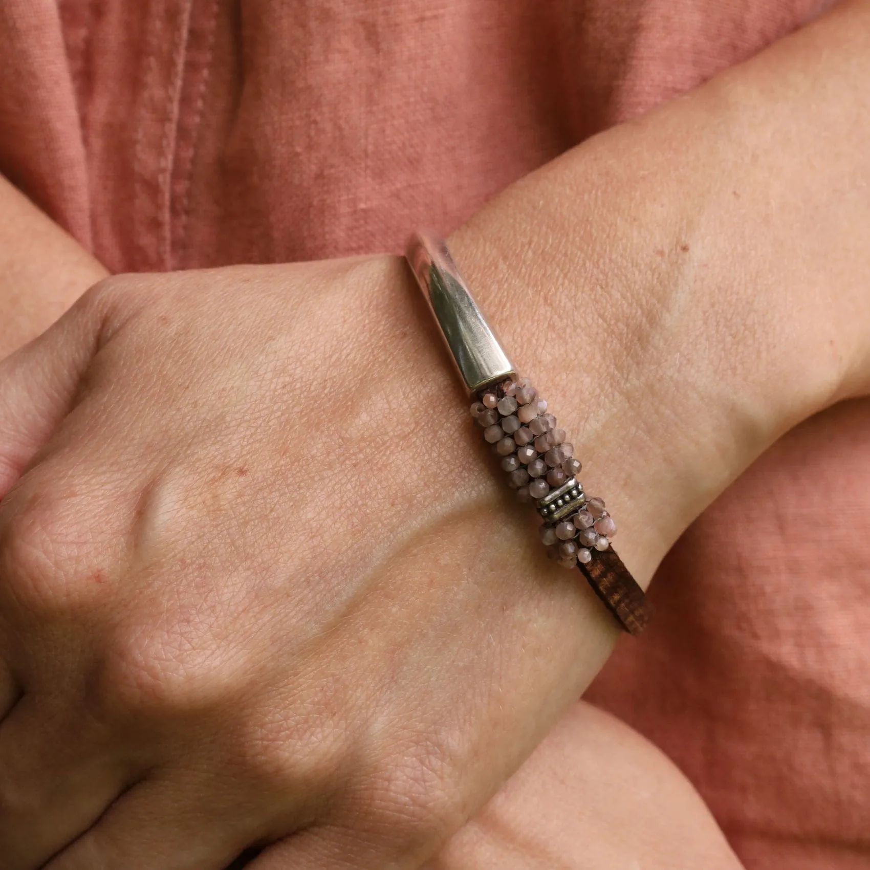 Hand Stitched Small Chocolate Moonstone Bracelet