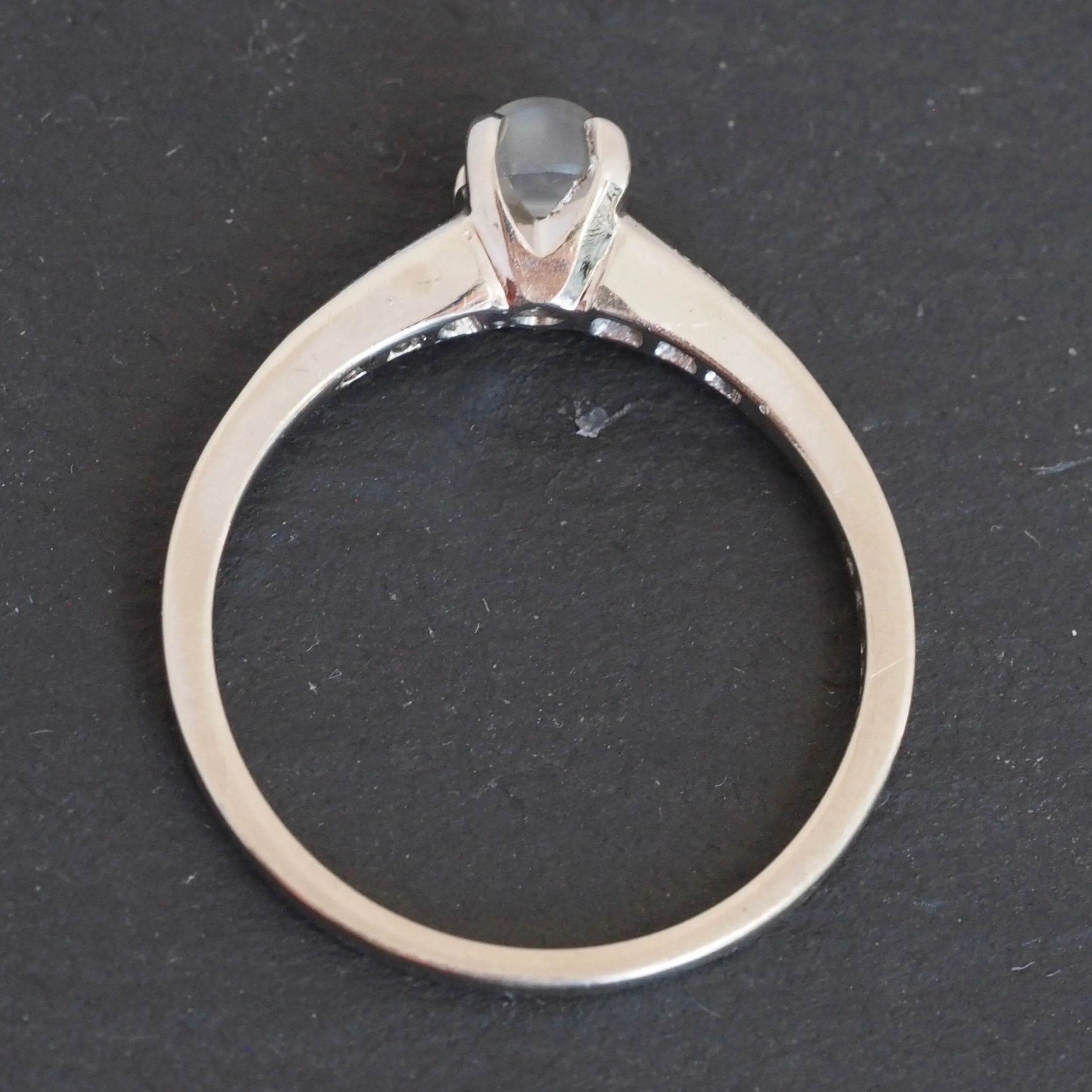 Midcentury 14k White Gold Moonstone and Diamond Solitaire Ring