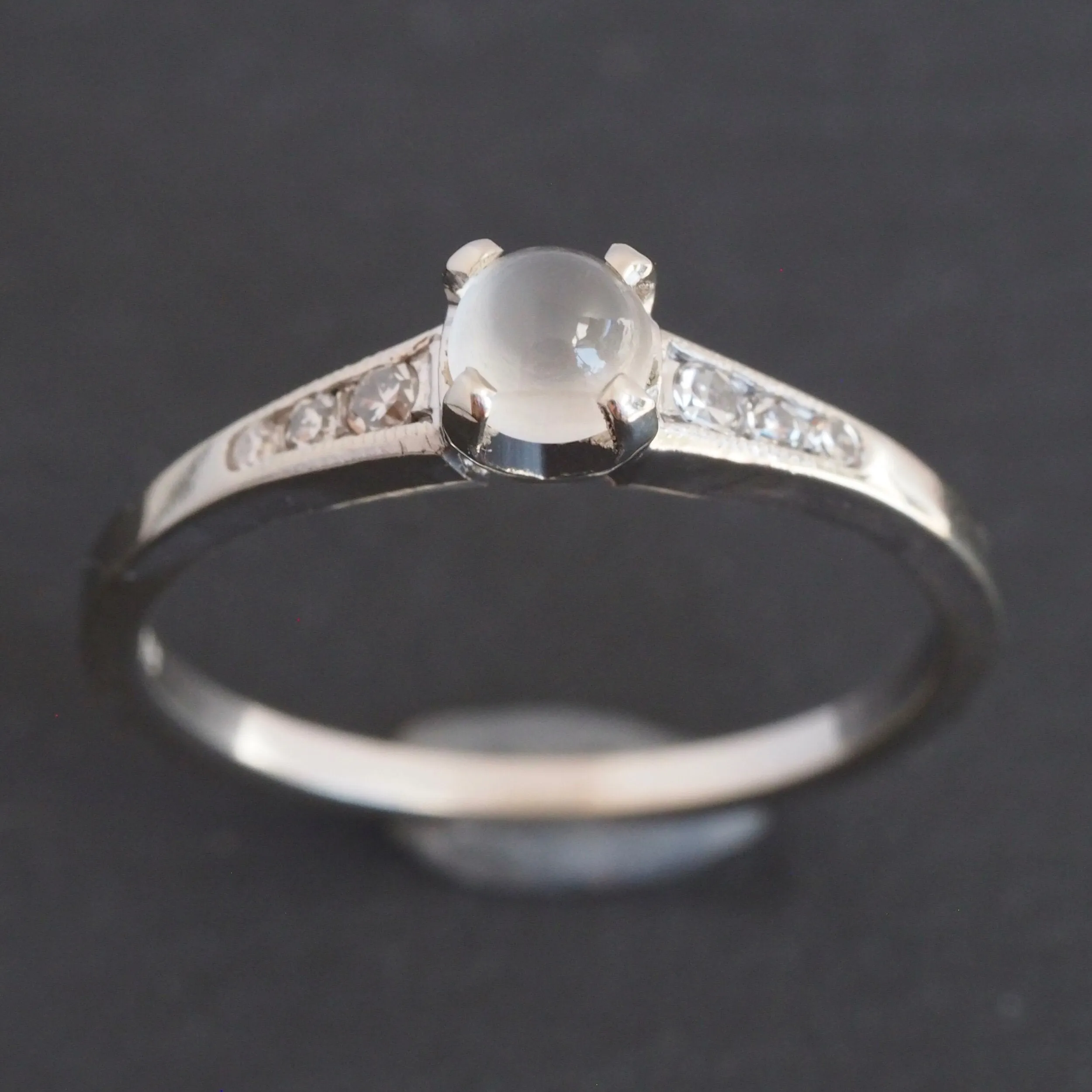 Midcentury 14k White Gold Moonstone and Diamond Solitaire Ring