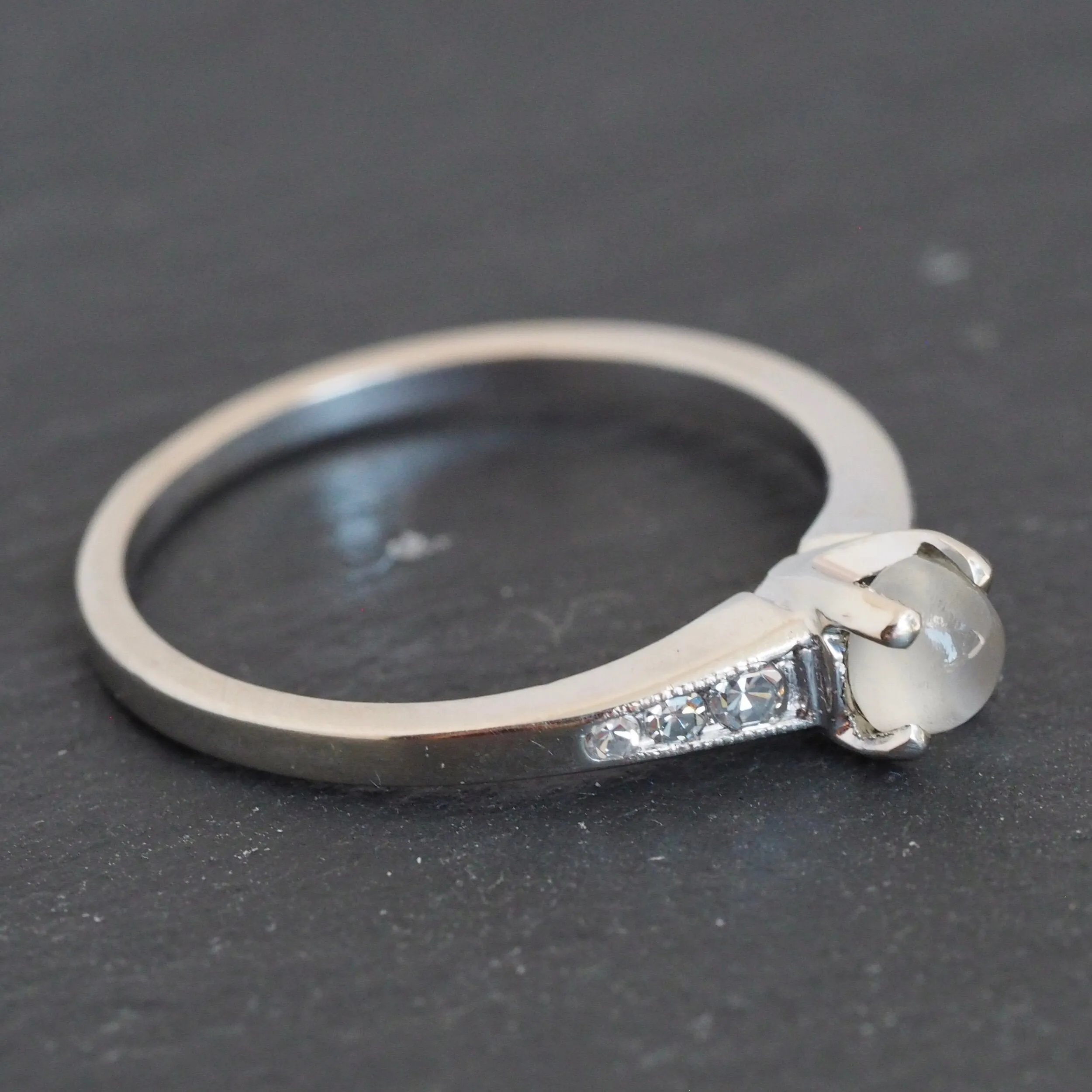 Midcentury 14k White Gold Moonstone and Diamond Solitaire Ring