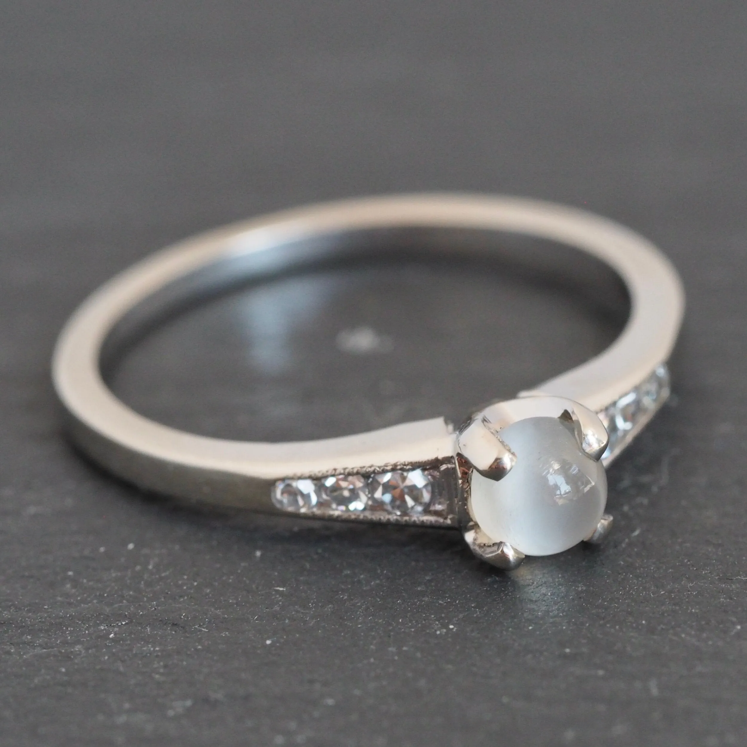 Midcentury 14k White Gold Moonstone and Diamond Solitaire Ring
