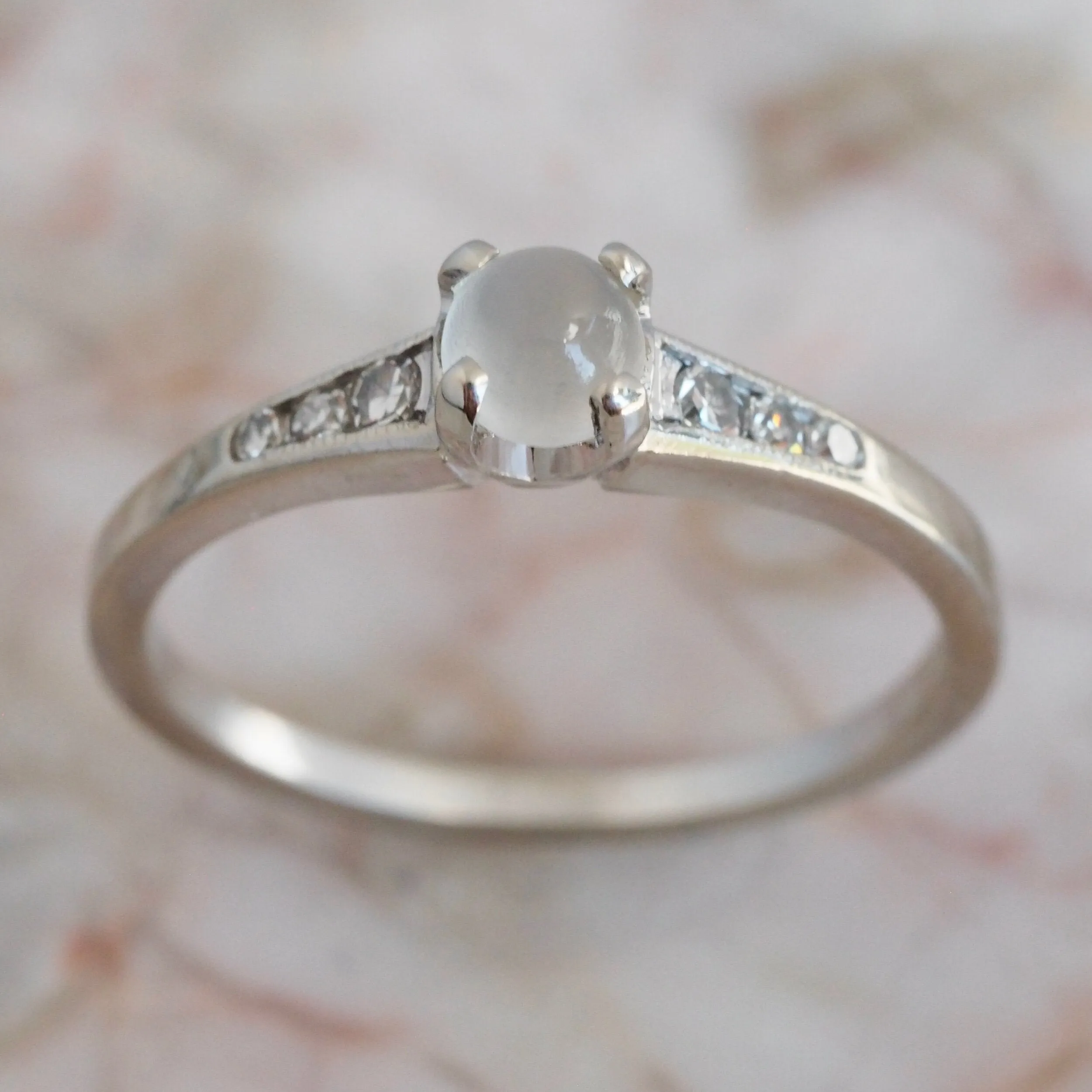 Midcentury 14k White Gold Moonstone and Diamond Solitaire Ring