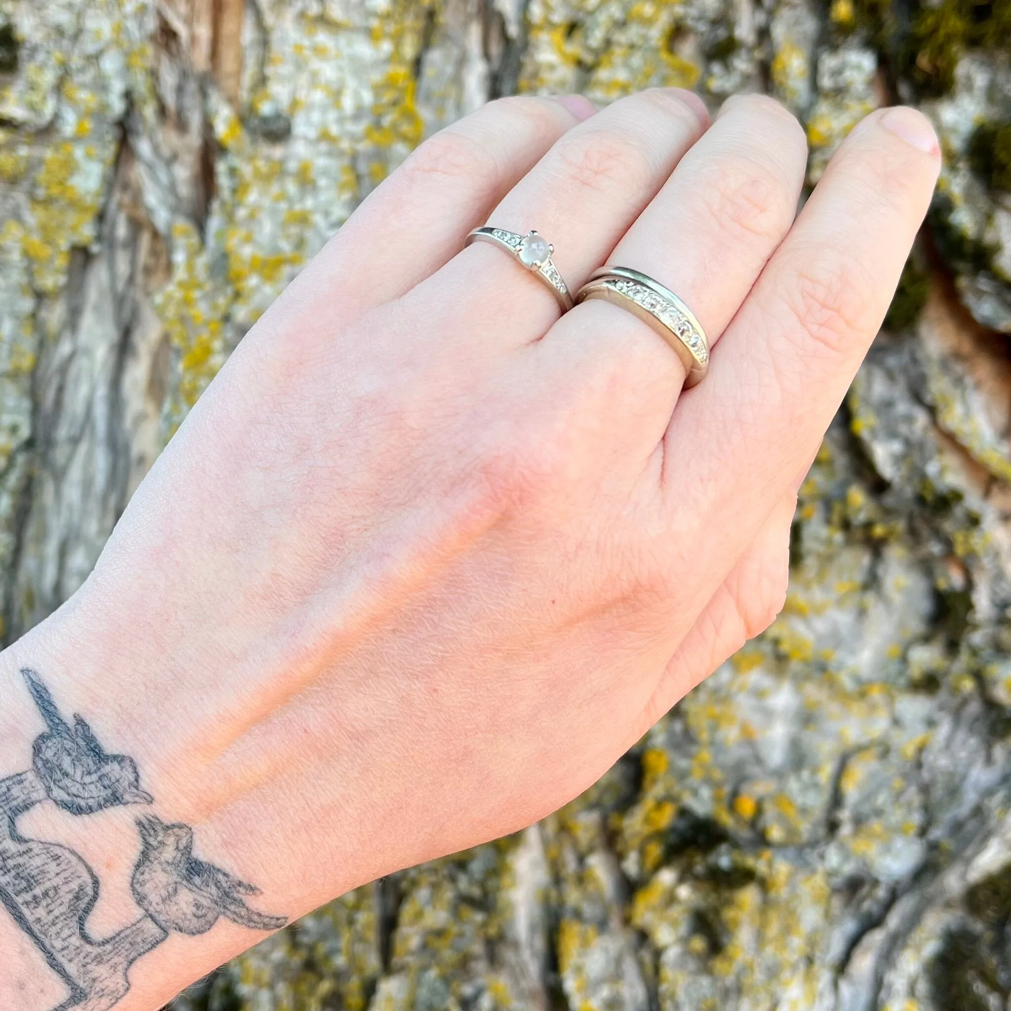Midcentury 14k White Gold Moonstone and Diamond Solitaire Ring