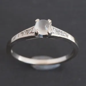 Midcentury 14k White Gold Moonstone and Diamond Solitaire Ring