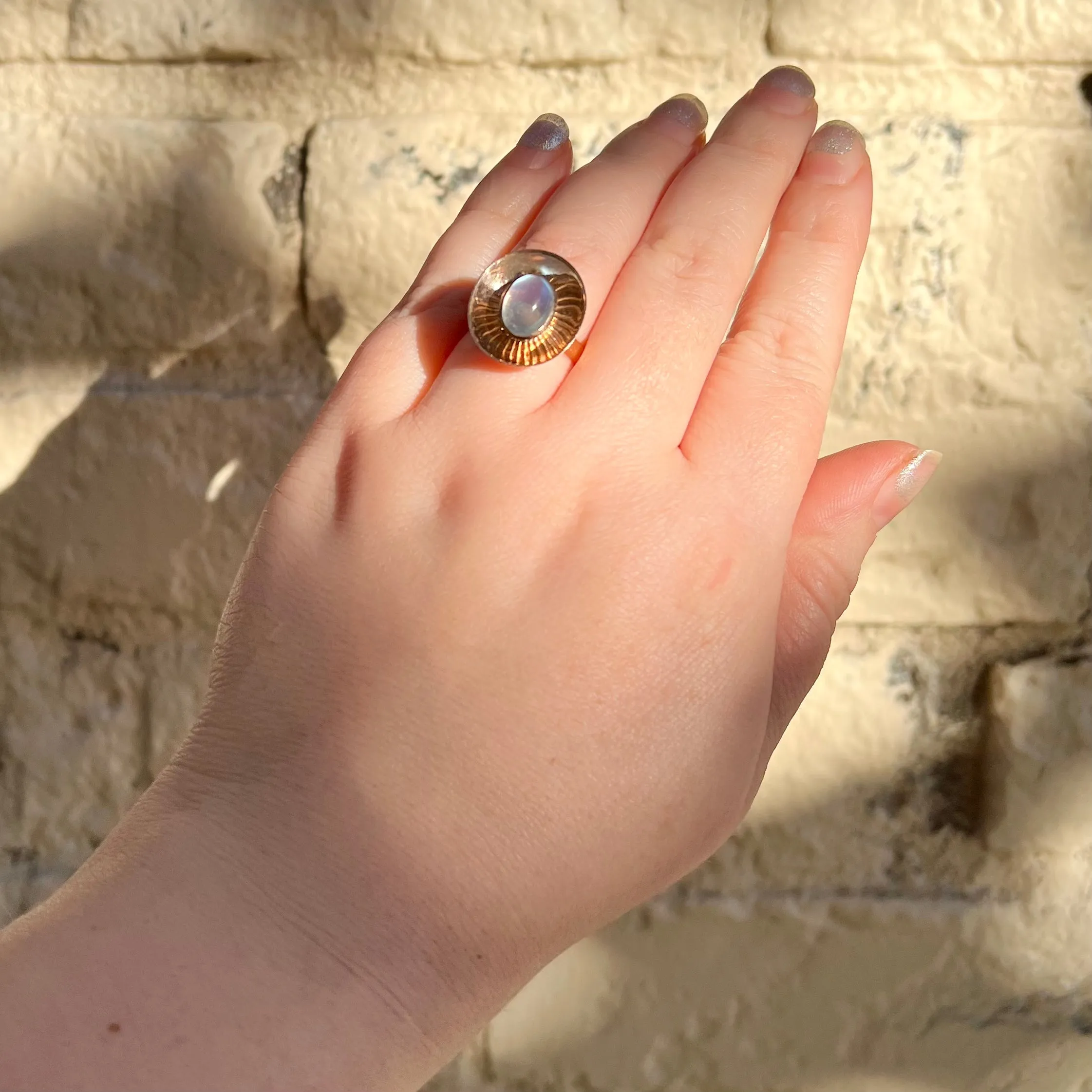 Midcentury Modern Mirrored 9k Gold Moonstone Ring