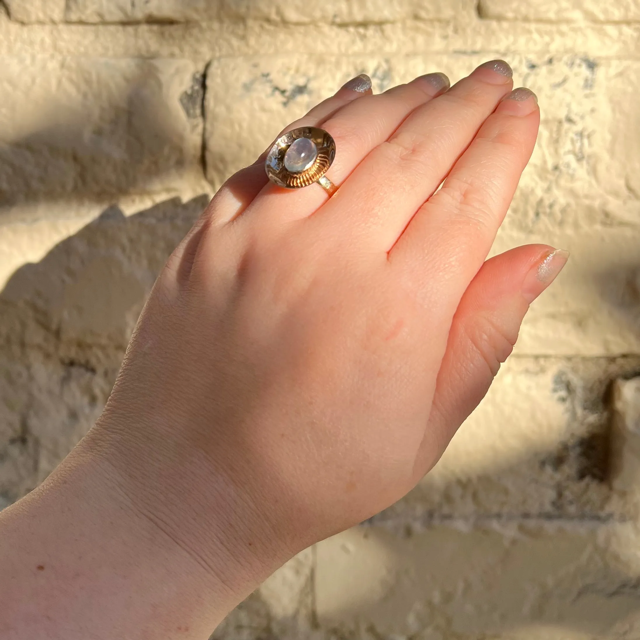 Midcentury Modern Mirrored 9k Gold Moonstone Ring