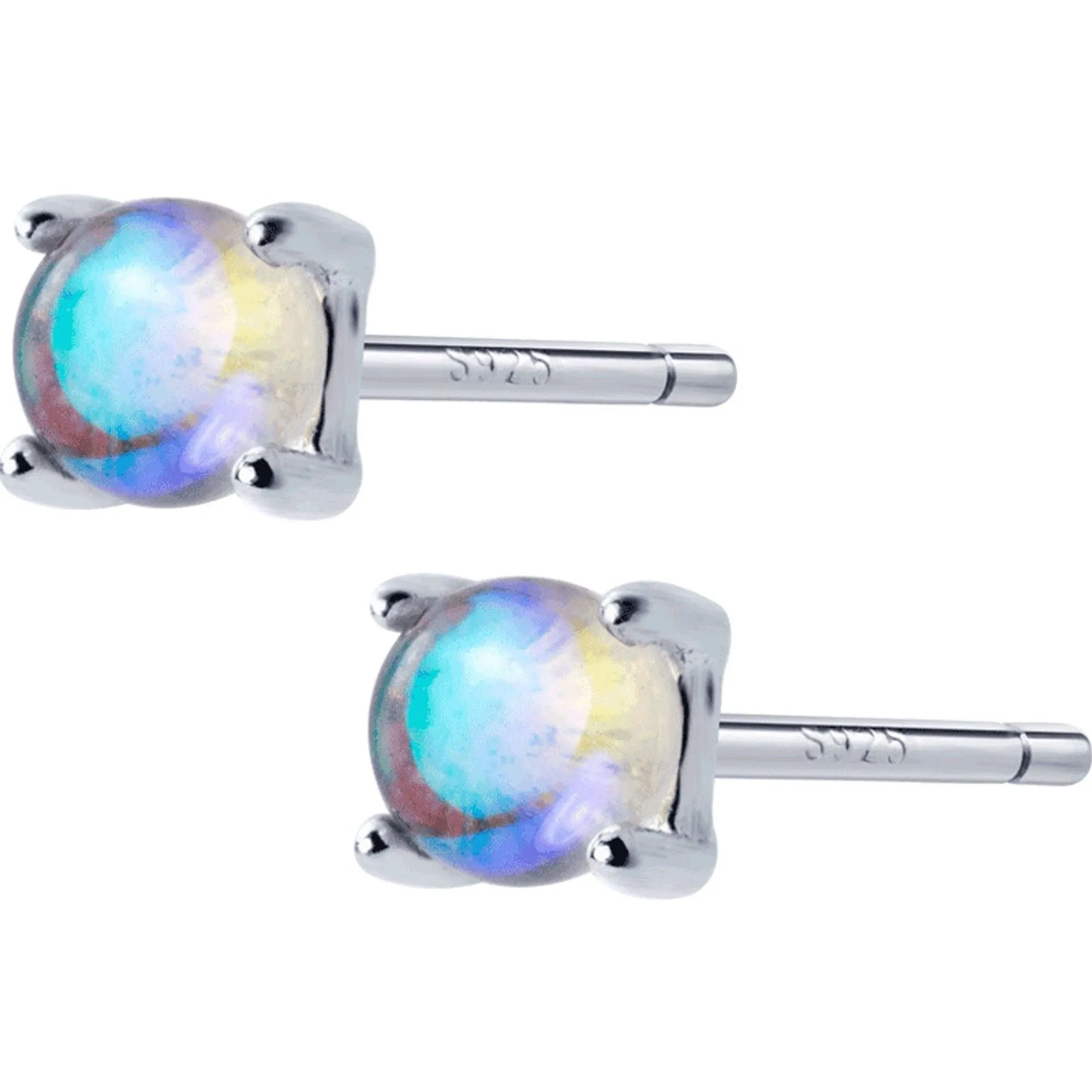 Minimalist Gemstone Earrings, S925 Sterling Silver Earrings, Rainbow Studs, Moonstone Small Stud Earrings, Tiny Moonstone Cabochon Earrings