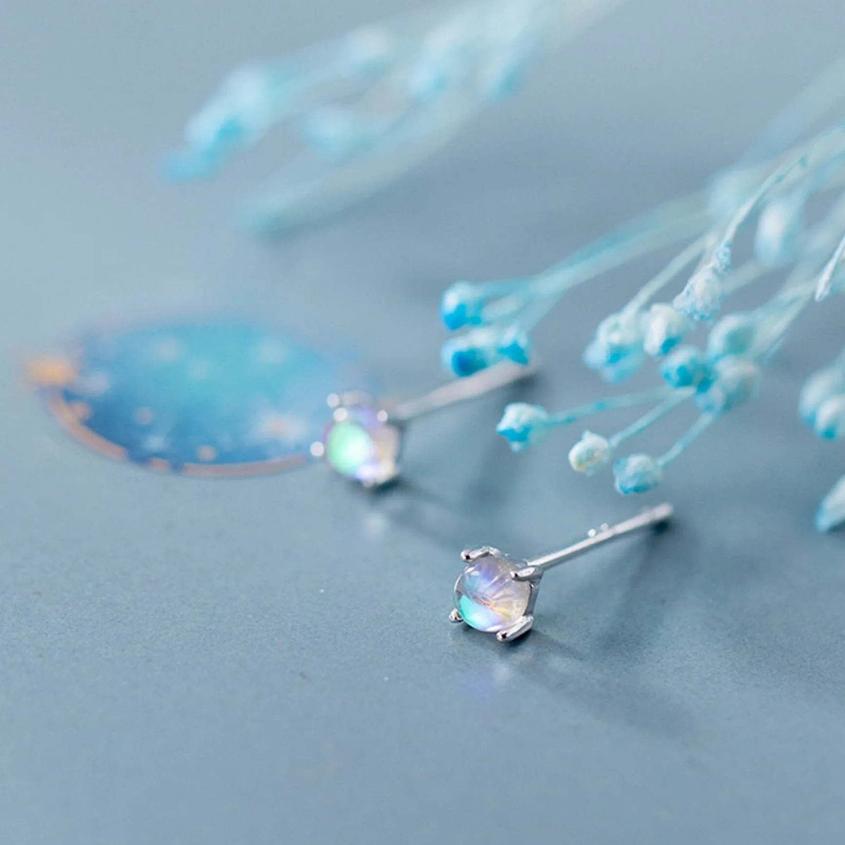 Minimalist Gemstone Earrings, S925 Sterling Silver Earrings, Rainbow Studs, Moonstone Small Stud Earrings, Tiny Moonstone Cabochon Earrings