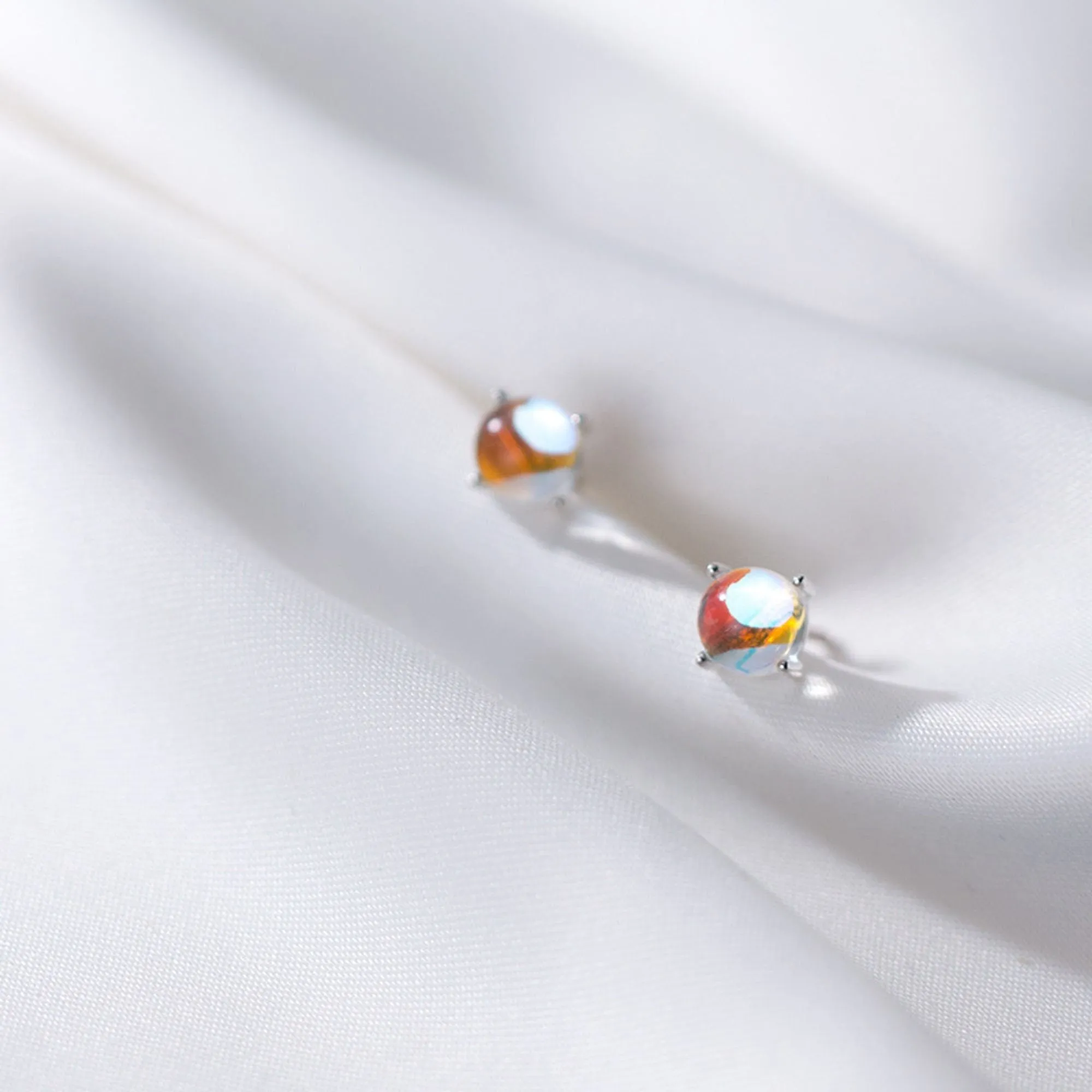 Minimalist Gemstone Earrings, S925 Sterling Silver Earrings, Rainbow Studs, Moonstone Small Stud Earrings, Tiny Moonstone Cabochon Earrings