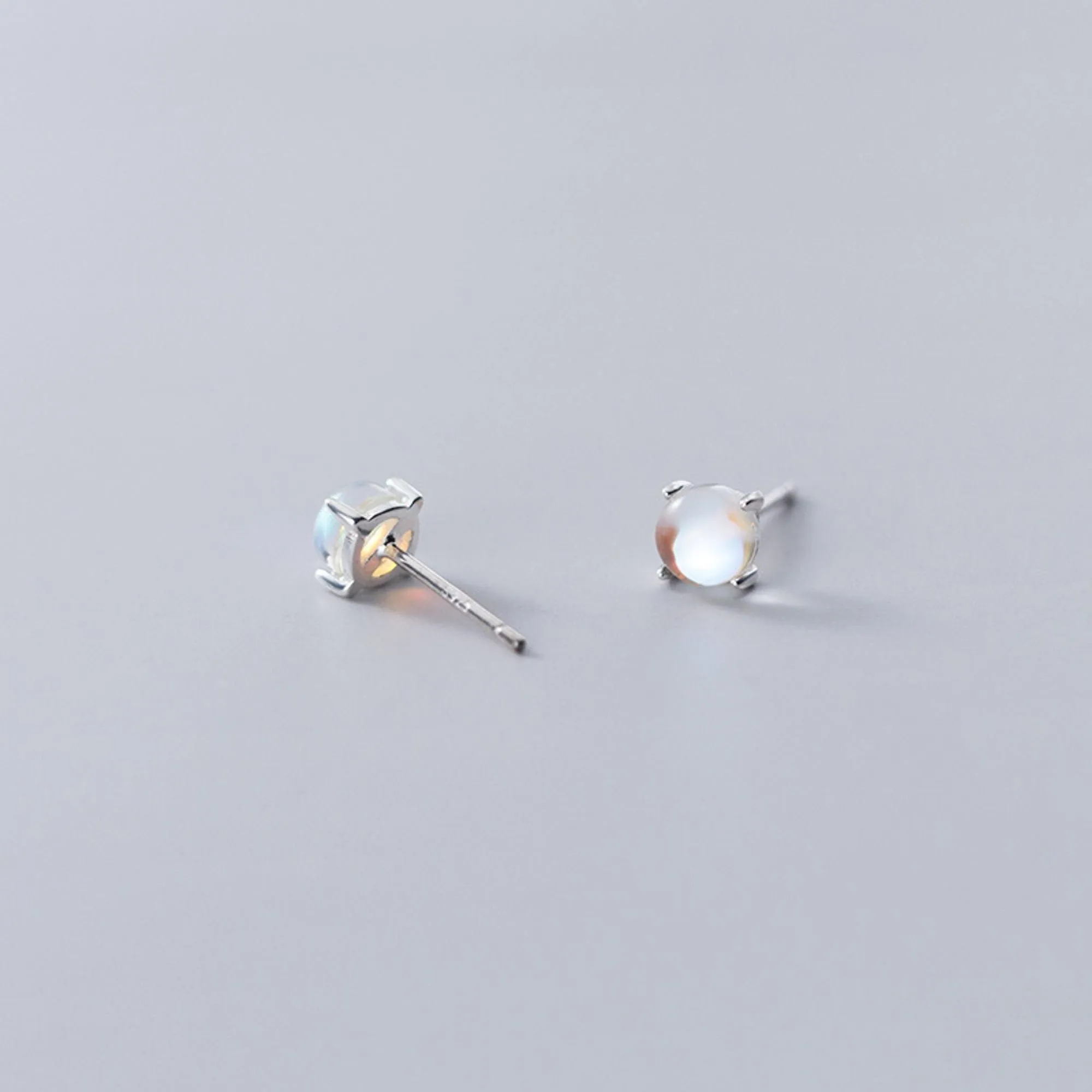Minimalist Gemstone Earrings, S925 Sterling Silver Earrings, Rainbow Studs, Moonstone Small Stud Earrings, Tiny Moonstone Cabochon Earrings