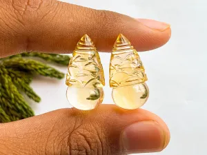 Pair of Citrine Gemstone Carving Drops, Natural Citrine, Citrine carved Drops, Citrine carving Pair, Citrine Drops for Earrings, 12x25mm