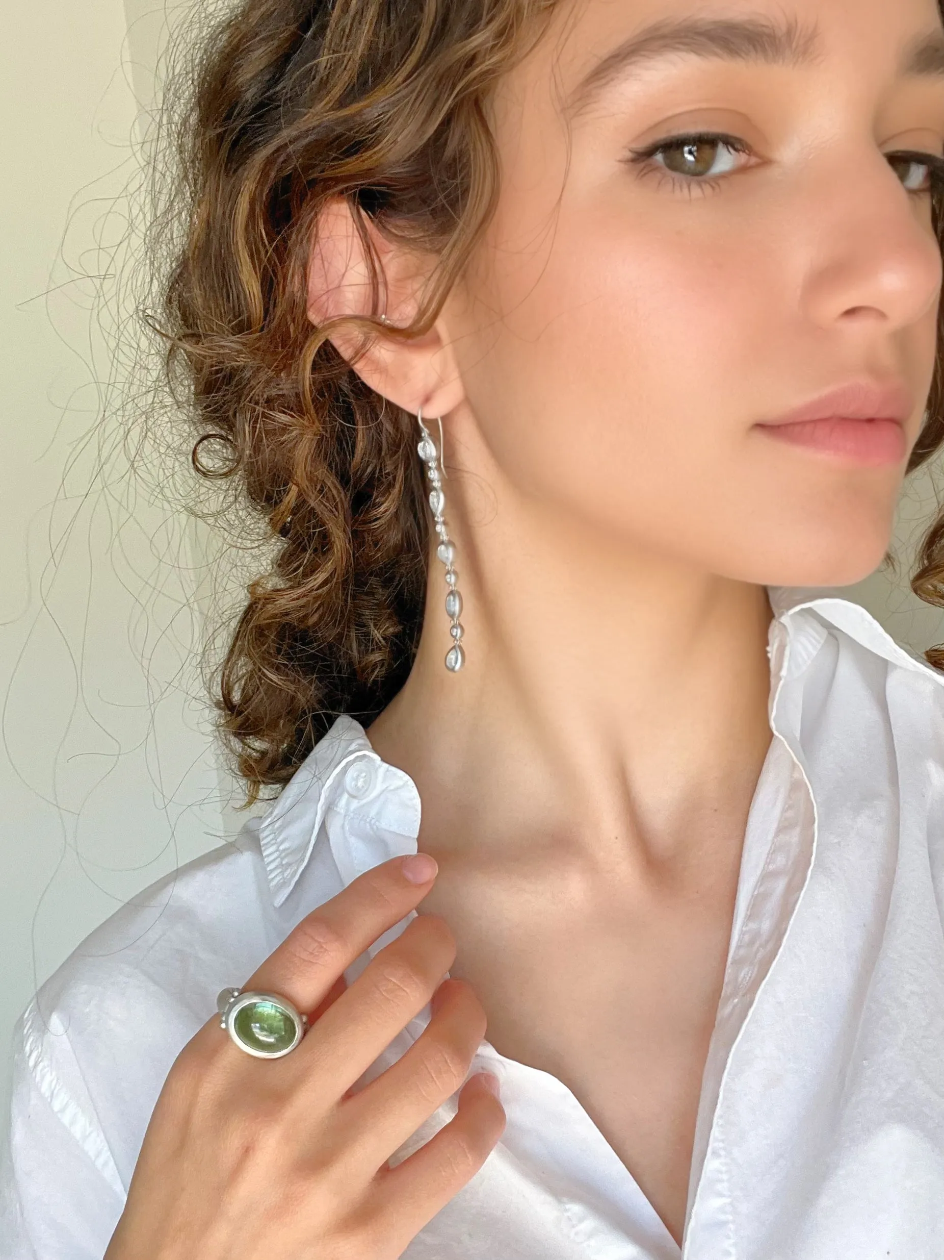 Platinum Ceylon Moonstone Diamond Line Earrings