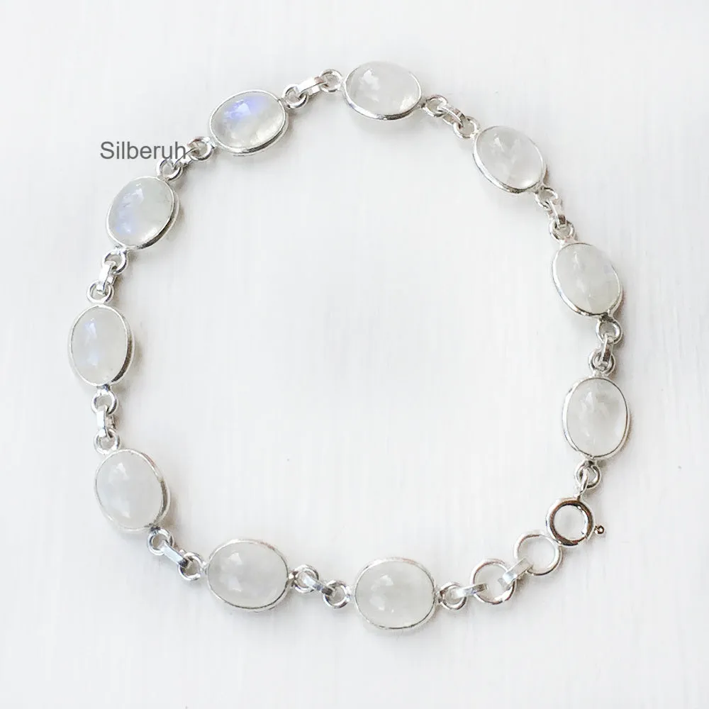 Rainbow Moonstone Oval Silver Bracelet