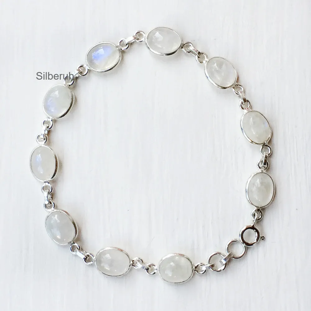 Rainbow Moonstone Oval Silver Bracelet