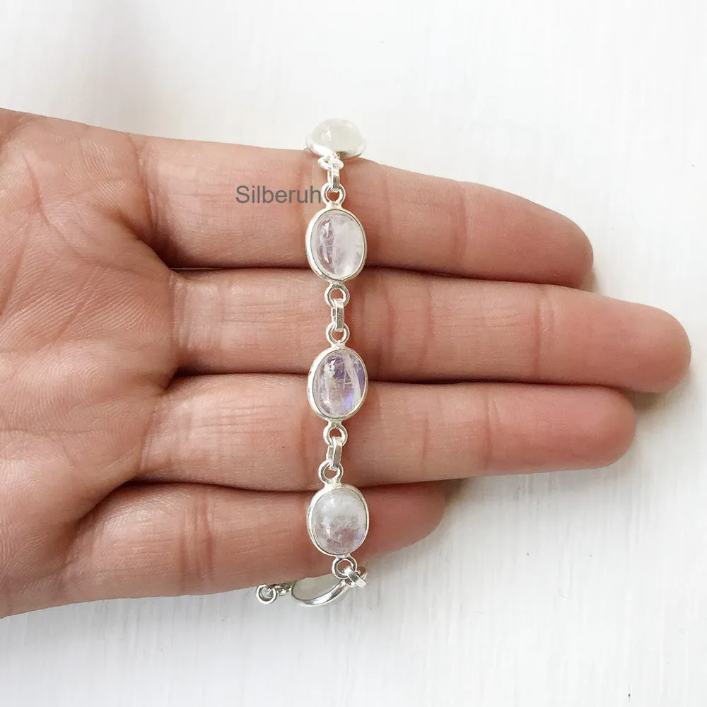 Rainbow Moonstone Oval Silver Bracelet