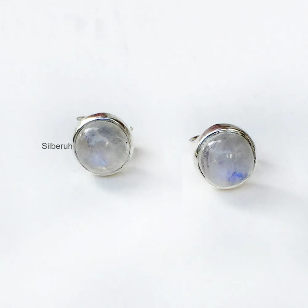 Rainbow Moonstone Round Silver Stud