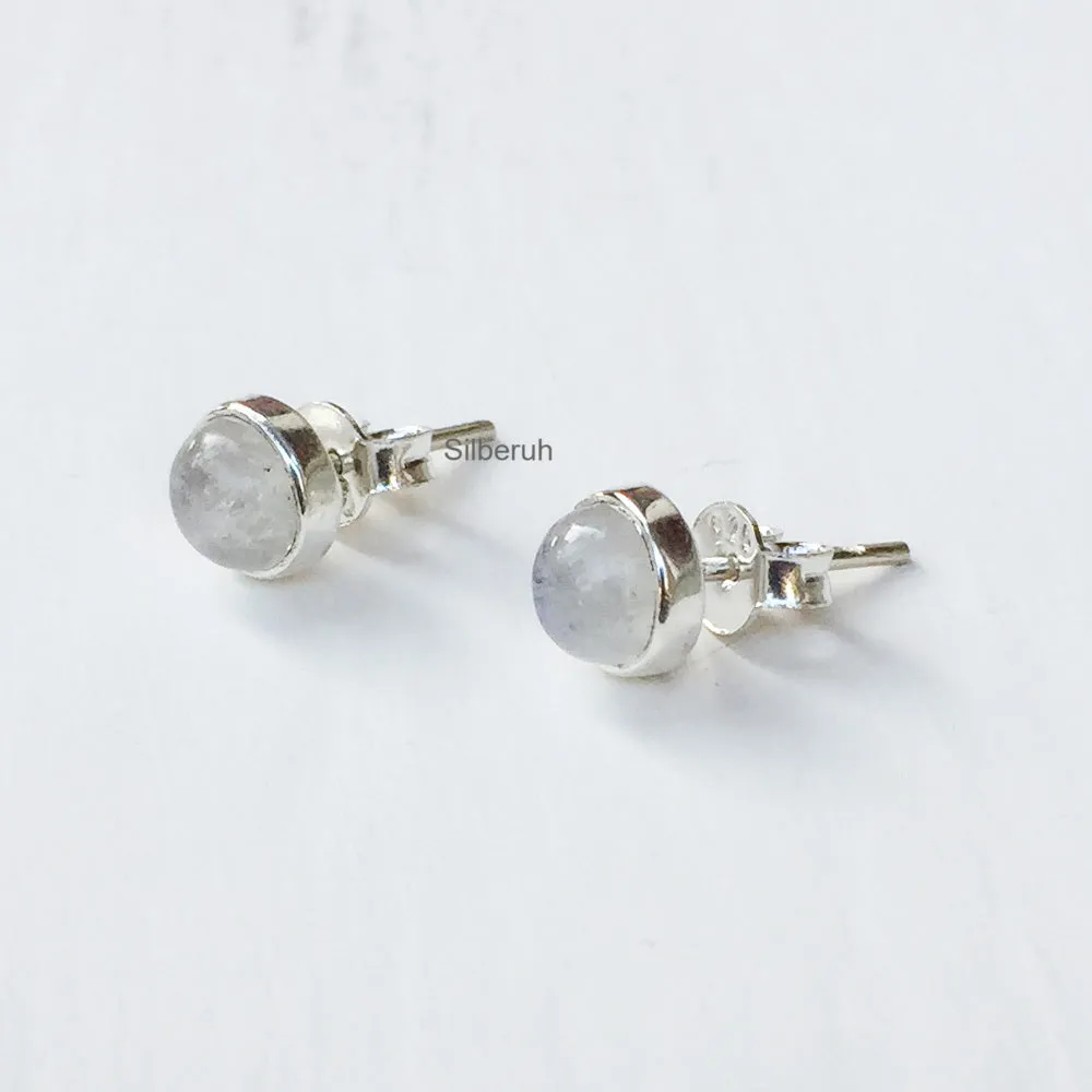 Rainbow Moonstone Round Silver Stud