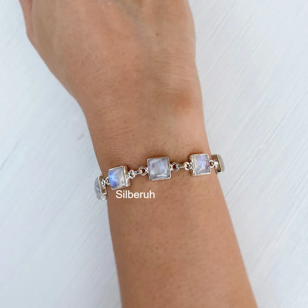 Rainbow Moonstone Square Silver Bracelet