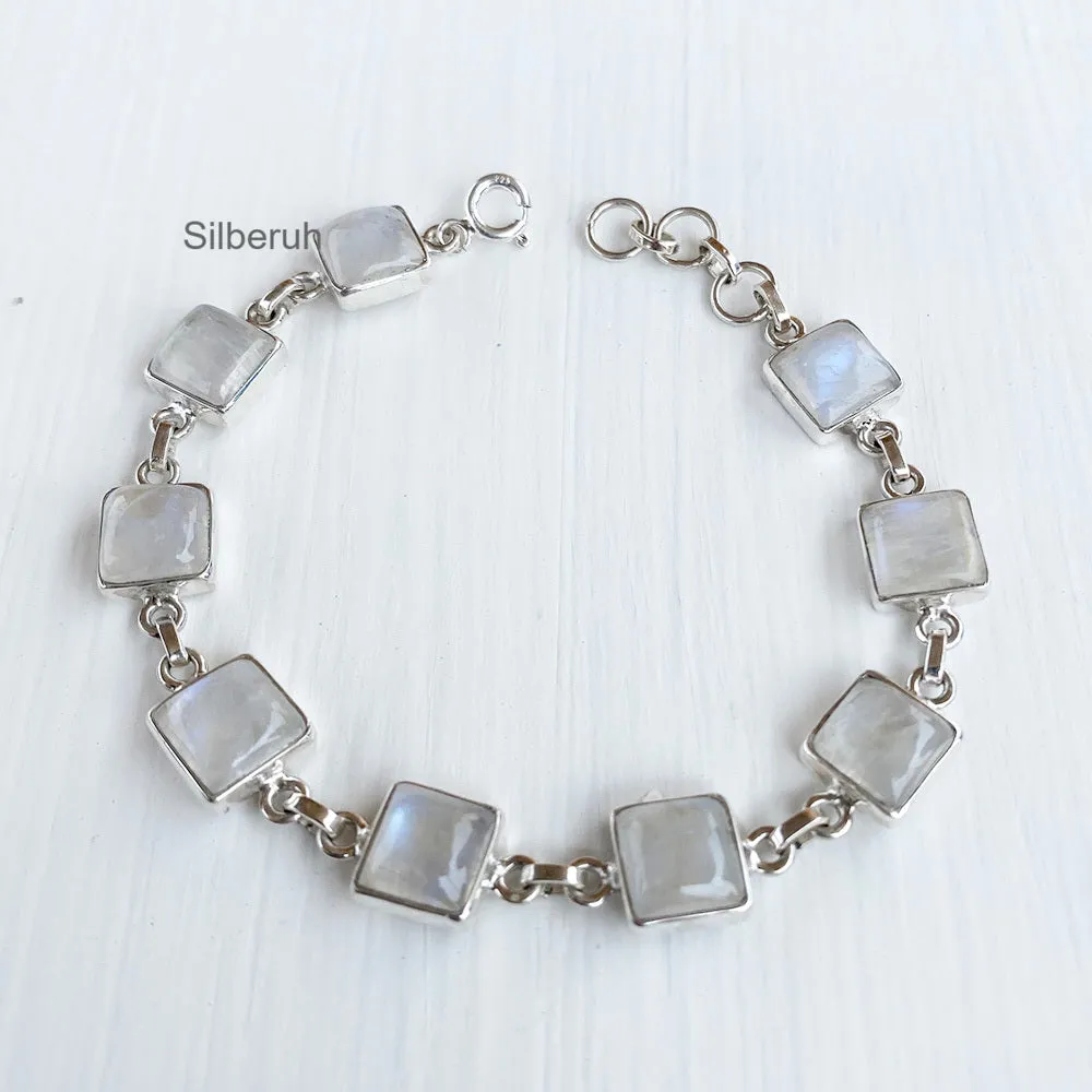 Rainbow Moonstone Square Silver Bracelet