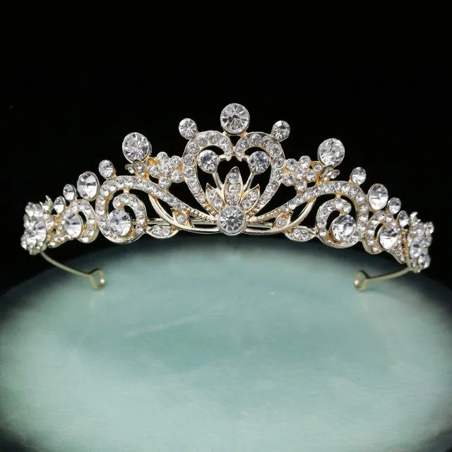 Silver and White Crystal Tiara Crown with Pearls and Flower Diadem
