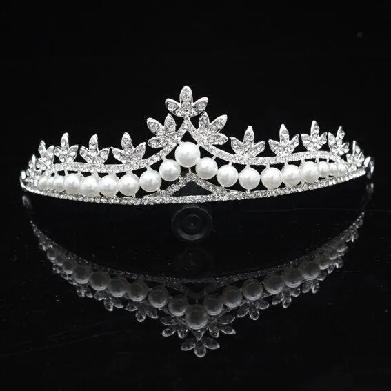 Silver and White Crystal Tiara Crown with Pearls and Flower Diadem