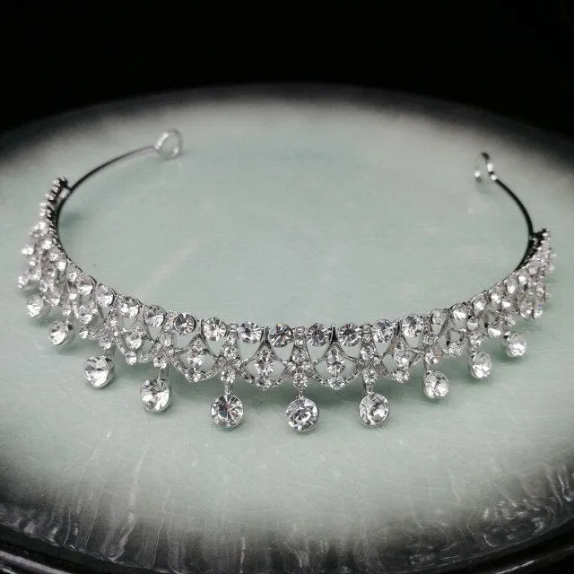 Silver and White Crystal Tiara Crown with Pearls and Flower Diadem