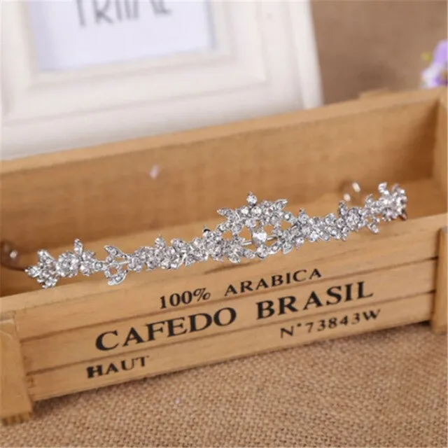 Silver and White Crystal Tiara Crown with Pearls and Flower Diadem