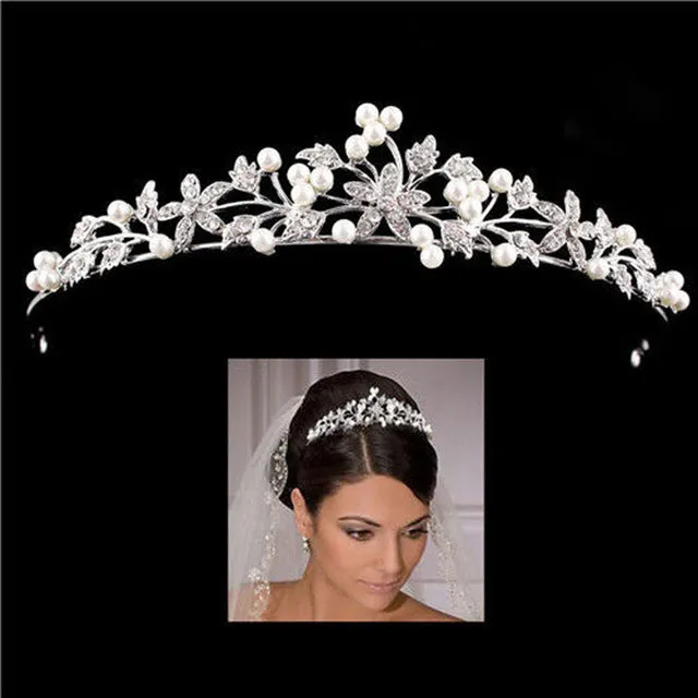 Silver and White Crystal Tiara Crown with Pearls and Flower Diadem