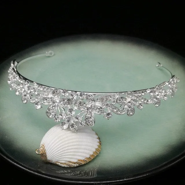 Silver and White Crystal Tiara Crown with Pearls and Flower Diadem