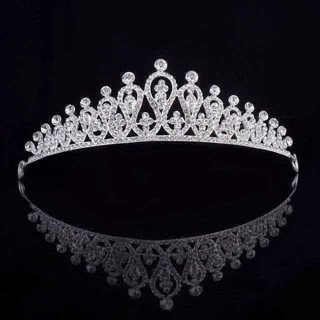 Silver and White Crystal Tiara Crown with Pearls and Flower Diadem